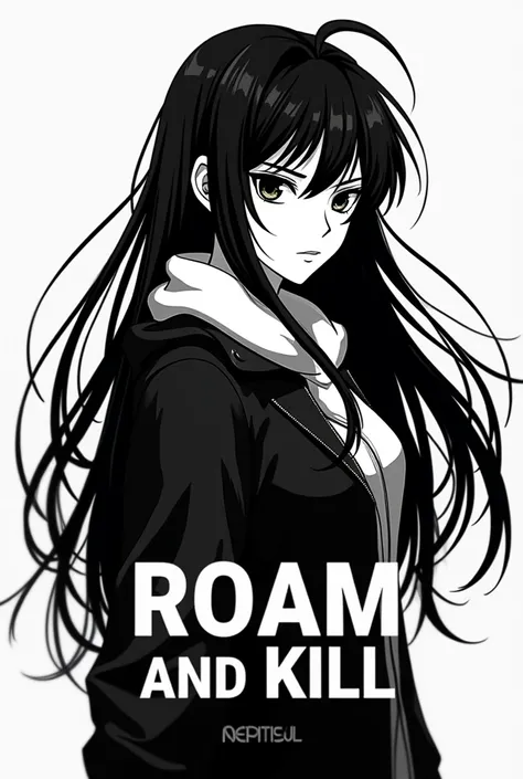 Create an Cool Anime Girl black and white banner use in Alliance Flag With “Roam and Kill” on it