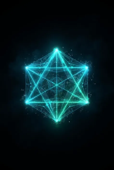  A futuristic and dark-themed logo with a tesseract  ( hypercube 4D )  bright and high-tech aesthetic as the central element .  The tesseract must have interconnected edges in neon blue and electric green,  giving it a dimensional and complex appearance . ...