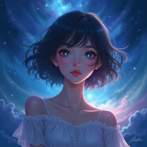 Girl with short hair, space blue background