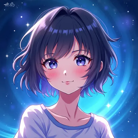 Girl with short hair, anime-style space blue background