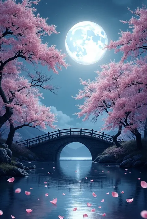 Full moon casting silvery light on cherry blossoms in full bloom, an amazing and beautiful bridge, branches intertwine over a tranquil pond reflecting the ethereal glow, Sakura petals gently carried by the night breeze, ink wash painting style, ambient lig...