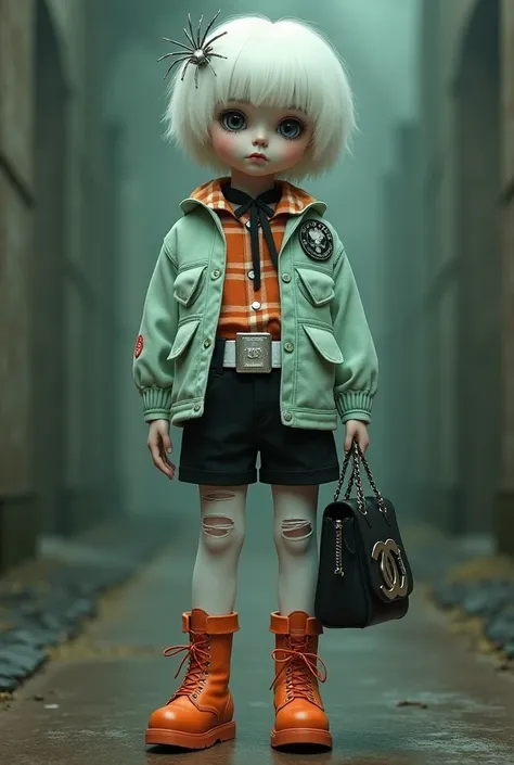 Gothic doll,  boy, white hair, orange and white plaid shirt, silver spider hair accessory, shirt with black ribbon, light green long-sleeved jacket with large pockets and emblem, wide white belt, black shorts, ripped holes Designed white tights, full body,...