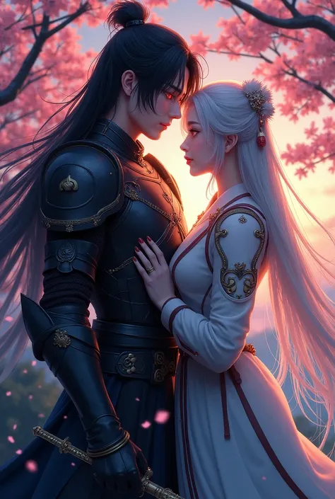 "** Sung Jin-Woo and Cha Hae-In embracing ,  Korean Manhwa style digital illustration , Hyperdetailed details,  Sung Jin-Woo with black armor and bright red eyes,  Cha Hae-In with silver hair and sword ,  cherry blossom background and twilight sky ,  dark ...