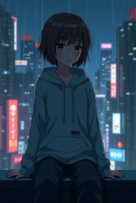 A full-body anime-style mysterious girl with short brown hair, wearing a closed hoodie but with her hair still visible. She is sitting on the edge of a rooftop at night, gazing at the beautiful neon-lit cityscape. Her expression is neutral, with normal-loo...