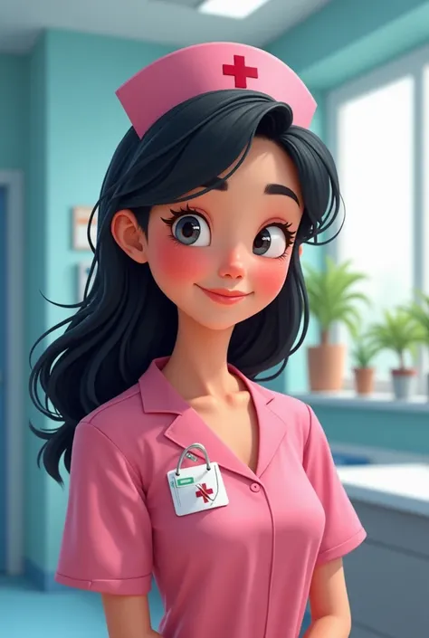  nurse,  black hair, pink smock, Pixar style