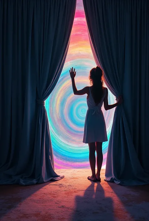 A  woman took a peek in the curtain from below, sliding it upwards and a magical entrance (something like a colorful circling tunnel) was behind the curtain and her other hand was reaching for it while the other is on the curtain.