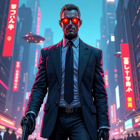 CYBORG GUNSLINGER IN A SUIT, comic style, in the background a futuristic city