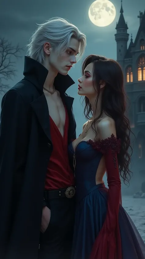 Un grand Vampire, cheveux gris blanc, des yeux rouges avec un regard sombre, avec tenue en noir et une chemise rouge.
Accompagné d'une Belle mage Élémentaire aux cheveux brune et long, dans une tenue sexy rouge et bleu ayant un regard de séduction.
Devant ...