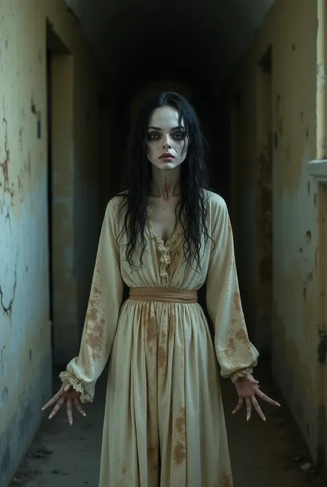  Dama — ghost ,  from the 18th century , A very thin woman,  with extremely white and  skin,  black hair, wet, drained, loose and disheveled . Gone Wild Look , With hate.  The eyes are sunken and dark,  with deep dark circles.  Threatening expression, aggr...