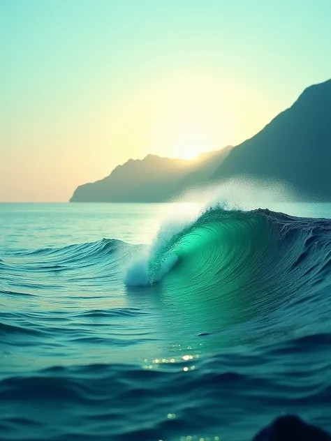 Overexposure on a mountain of a clear blue sea with a clear emerald inner part of the wave and sunset in a very soft horizon line