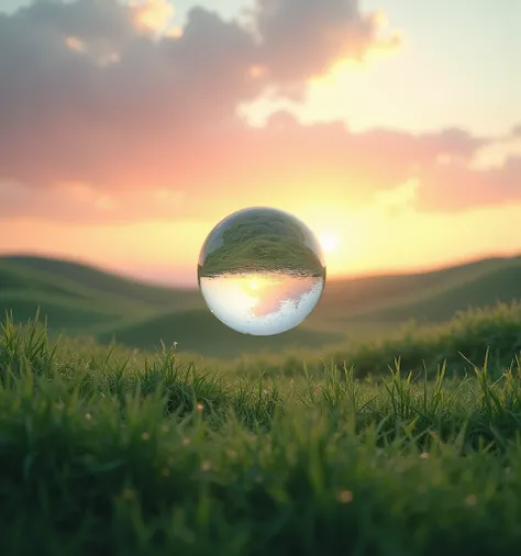 Dream Core landscape, modern sunset in the background a small sphere in the glass air with water inside 
About green fields 