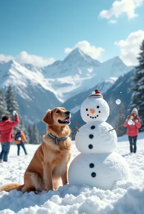 A Golden Retriever next to a snowman, in the background people having a snowball fight, on a panoramic mountain view and fir trees. The scene is bright and lively, with snow-capped peaks and a festive winter atmosphere with bright colors and a humorous moo...