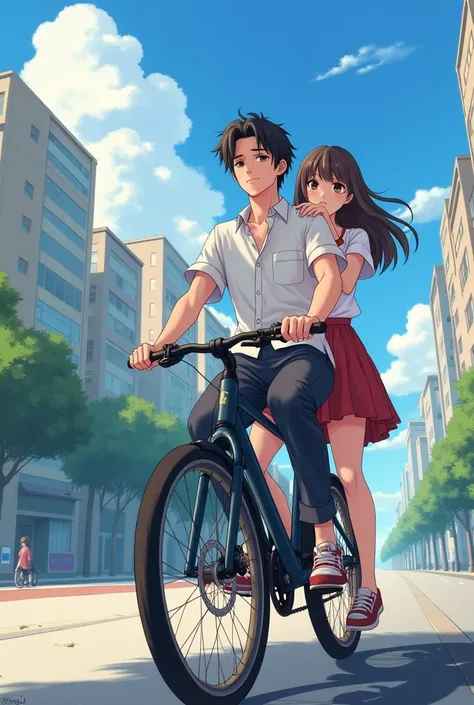 anime couple riding a bicycle in the city with a woman on the back, a picture by Yang J, trending on cg society, fantastic realism, lovely couple, artwork in the style of guweiz, handsome anime pose, manhwa, couple pose, guweiz, high quality fanart, sakimi...