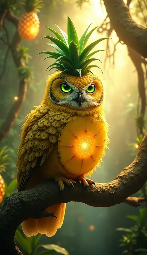 A mystical owl infused with pineapple characteristics perches on an ancient, twisted tree in an enchanted jungle canopy. Its feathers shimmer in golden-yellow hues, with a spiky texture resembling the rough, geometric patterns of a pineapple’s rind. The ow...