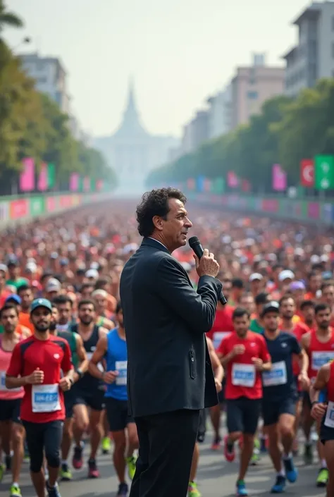 Imran Khan, the former Prime Minister of Pakistan, standing on a stage with a microphone, addressing a large crowd of marathon runners. The scene is set in a vibrant city with banners and flags in the background. Runners are wearing athletic gear, and the ...