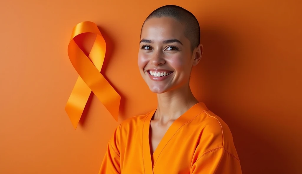  create a realistic image: A person with leukemia ,  without hair due to treatment ,  but with a positive expression and a wide smile ,  radiating hope and optimism . . She is dressed in a vibrant orange outfit ,  symbolizing the fight against leukemia .  ...