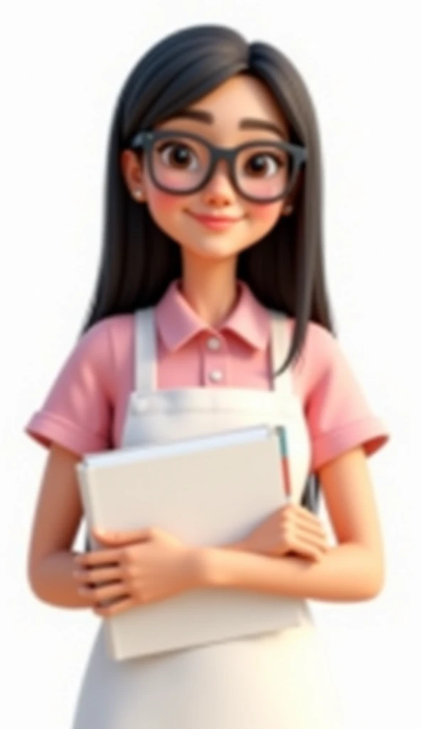  A woman with straight black hair ,  of light brown skin tone ,  smiling in a friendly manner .  She wears thick, square-rimmed glasses , long lashes and small earrings .  She is wearing a teacher's uniform :  short sleeve pink blouse , white apron,  white...