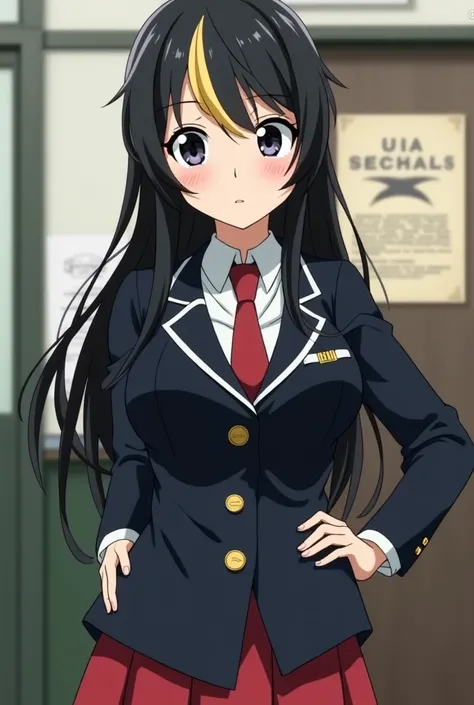  Screenshot My Hero Academia.Black-haired girl with blonde highlights ,  eyes color black ,  small waist and wide hips with large breasts ,  has her UA uniform on and behind her is the UA school class
