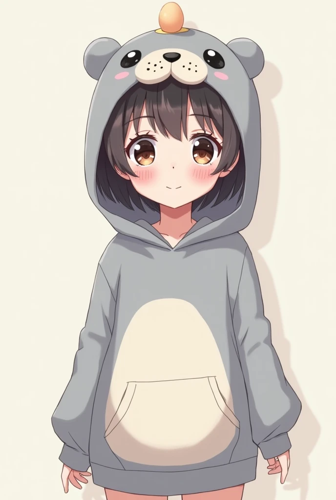 Human Anime Girl, Wearing Cute Gray Seal Themed Hoodie With Egg On Top of the hoodie, the girl is 19 yo