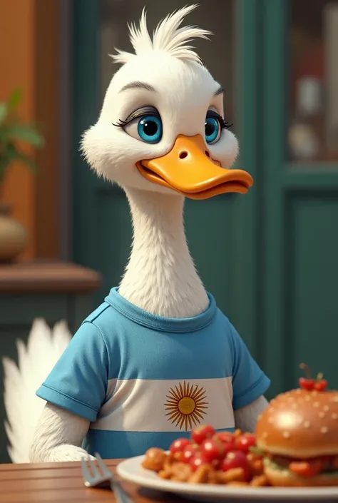  Anthropomorphic duck with white feathers and blue eyes, Argentinian t-shirts. Making the sign of having eaten something delicious 