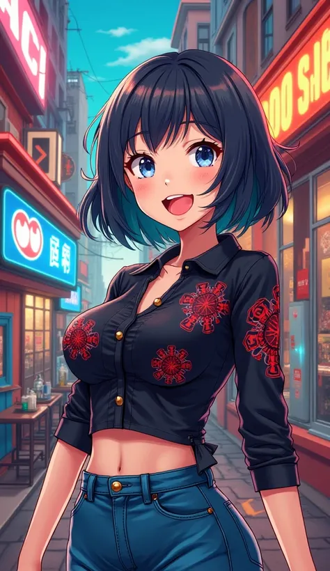 CREATE A VERY HAPPY ANIME CHARACTER, WITH A BLACK BLOUSE WITH RED AND BLUE WITH THE NAME FUTURE AND PUT ON JEANS AND CREATE A SET OF GAMES LIKE PAC MAN AND MÁRIO IN THE BACKGROUND 