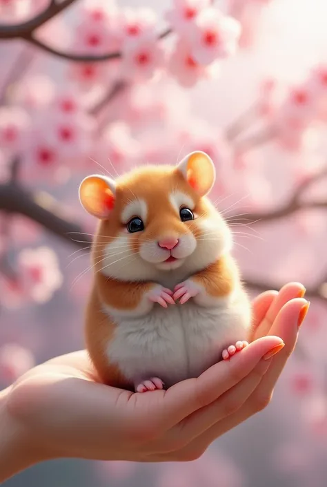 A small Djungarian hamster sitting on a person's hand, Cherry blossom tree in the background, 
 detailed fur with lowered ears,  cute expression ,  photorealistic,
  complicated details,  soft writing,  pastel colors,
  high quality,   I arranged the  , 8k...