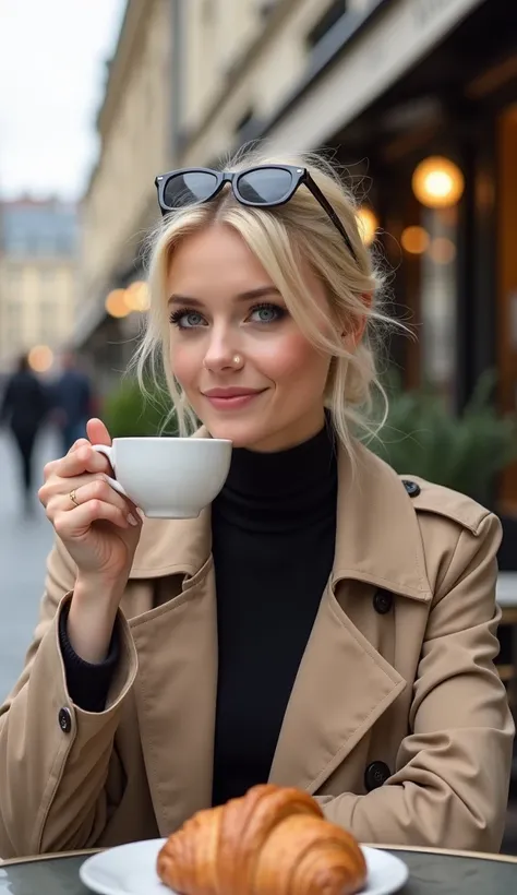 
real woman, 20 years old, albino, blue eyes, long straight hair, foxy eyes with black eyeliner on top, full lips, very large tits, A young blonde woman sits at a charming Parisian café terrace in the early afternoon. She wears a stylish beige trench coat ...