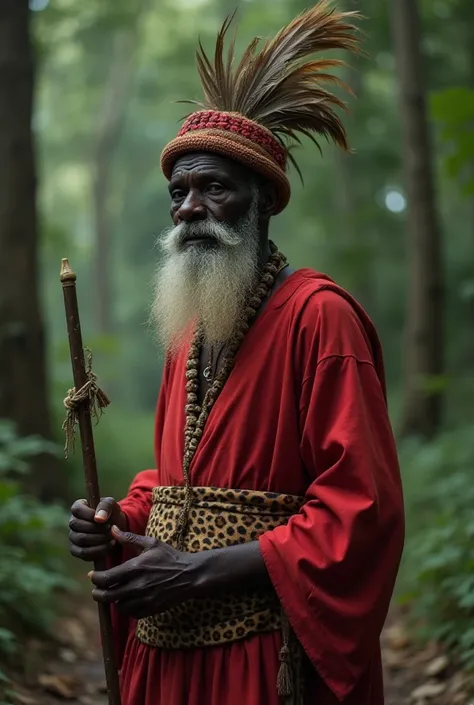 a black man in the forest, 70 years old, on his head, wearing an Islamic hat, a divination shee with chicken feathers, and a smart police bird, wearing a red sheet, and standing with a stick in his hand, behind him is a large tree with fruits and behind hi...