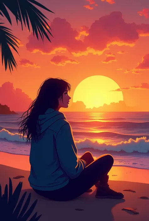 Cartoon sillouhete of a lady in jacket and hoodie sitting on a beach with sunset