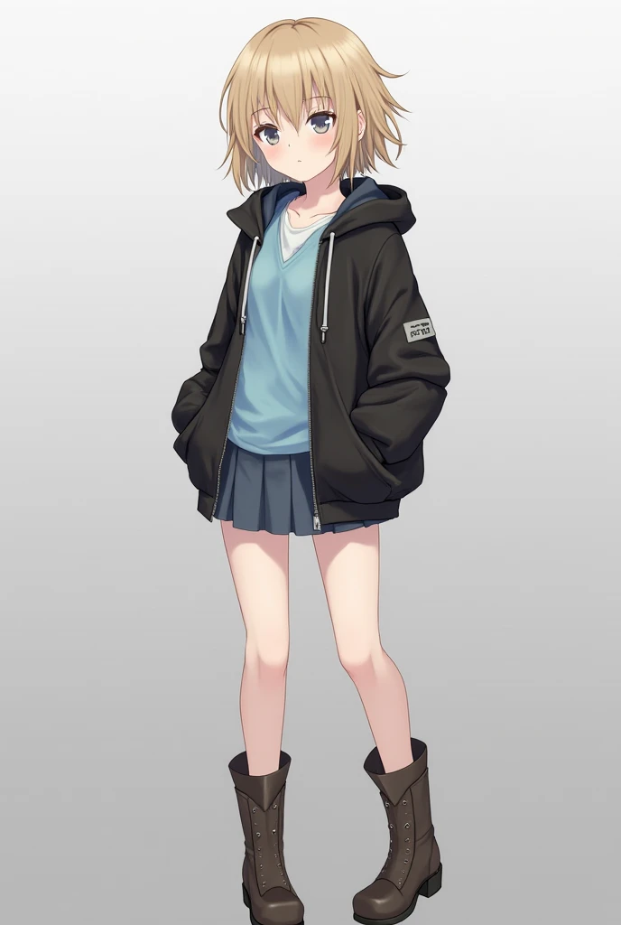 A girl (appearance:  dirty blond hair ,  gray eyes, pale skin,  tall cowgirl ) ( Clothing: Sleeveless short black jacket, Light blue top,  short skirts, shoes)  digital art, Anime 4k,  Precise,  Very detailed , High details, alta resolución,  high quality 