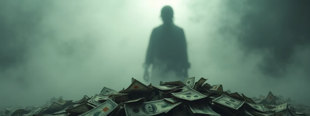 a faceless man defined as blurry in the background and a pile of money ahead