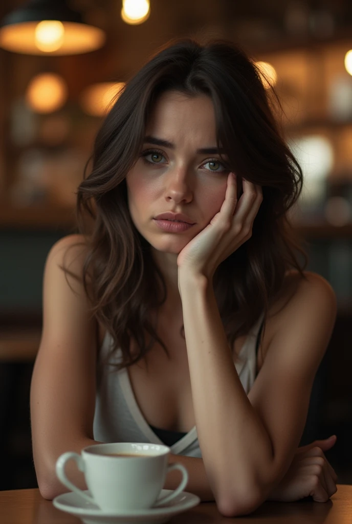 A highly detailed and realistic image of a beautiful woman sitting alone at a café table, resting her head on her hand with a worried expression. Her eyes are distant, as if overthinking or feeling burdened by someone else's expectations. The background is...