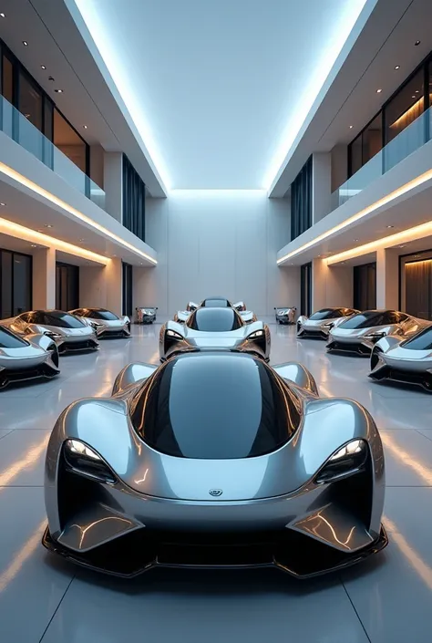 Futuristic cars parked in the garage of a very luxurious house