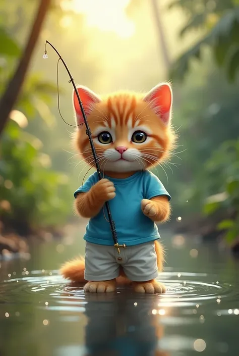 cute scene of kitten, wearing blue t-shirt, white pants, happy facial expression, fishing in river, amazon river background, warm sunny atmosphere.