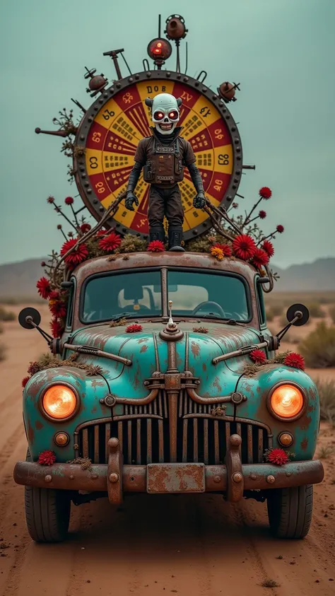 **"Post-apocalyptic allegorical car :  bone structure of unknown creatures ,  decorated with rusty metal flowers and neon lights that flash error codes . At the top,  a robotic clown with a blade smile turns a wheel of fortune with nuclear weapons symbols....