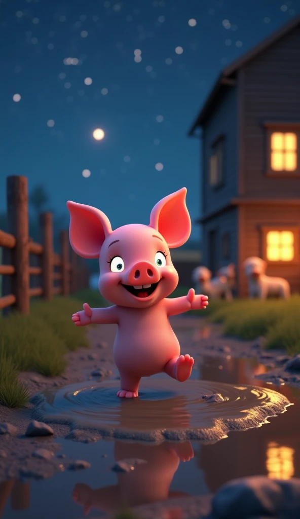 A cute little piggy with glowing eyes happy in 3D Disney Pixel style, Toto ,  jumping excitedly into a mud puddle on a cozy farm yard .  His little legs sneeze happily as he smiles with joy . Behind him, a wooden fence,  a cozy farmhouse with glowing windo...