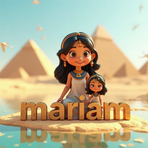 The name  "mariam" It is written in pharaonic stones
Behind her sits a little Pharaonic girl with a smile on her face and behind her are the pyramids. The sky is clear, the birds, the water and the lighting are sunny 
The picture is a 3D cartoon in HD qual...