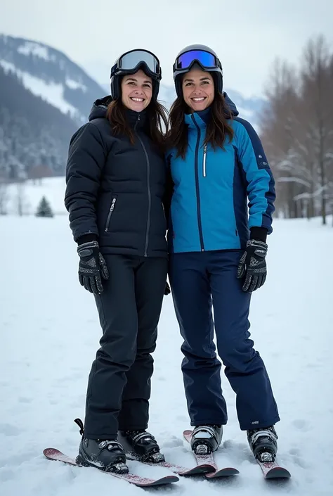  create image of a white-skinned woman , black bob hair, freckles,  smiling, Dimples, Model physicist ,  wearing a black ski suit ,  skis on feet , ski boot  preta,,  ski goggles , helmet on head,  fasteners and gloves ,  next to sister ,  white-skinned wo...