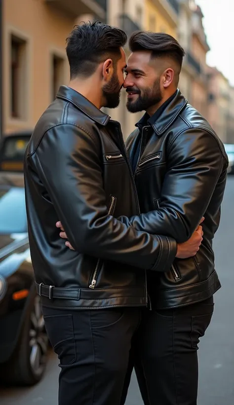   photo realistic Spectacular realistic 2 Turkish men hugging HDR handsome and muscular sexy, big biceps, satin shirt ,  fashion la moda cafe leather jacket, various colors,,  standing on one side luxury sports car ,  perfect face , great lighting of the f...