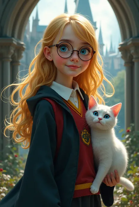 an eleven year old, yellowish blond hair,  blue eyes,  wears round glasses , She studies at Hogwarts and her home is Gryffindor, She also has a white cat  