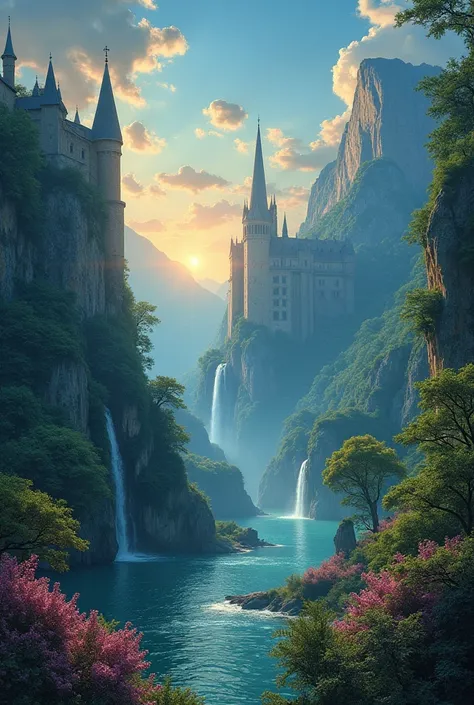 a hidden fantasy world with magical creatures,majestic landscapes,enchanted forests,sprawling mountains,mystical rivers,mythical creatures,elaborate castles,glistening waterfalls,breathtaking sunsets,ethereal lighting,dreamlike colors,pixie dust,whimsical ...