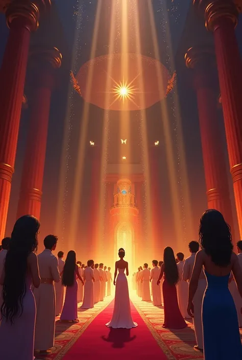 araffes in a large room with a large group of people, queen and ruler of the universe, animated film still, animated film, celebrating a king being crowned, animation film still, film still from an cartoon, official art, cartoon style illustration, renderi...