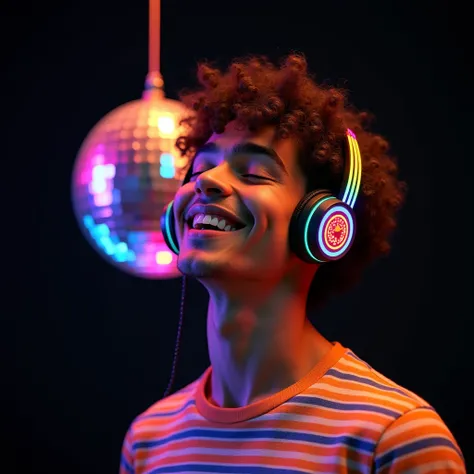 young man smiling with his eyes closed with old earphones colorful striped t-shirt , black background and a big shiny disco ball in the background