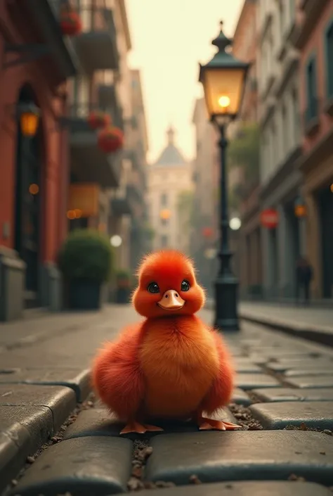 Create a cinematic image of a little red duckling on a street with iron feet lying down 
