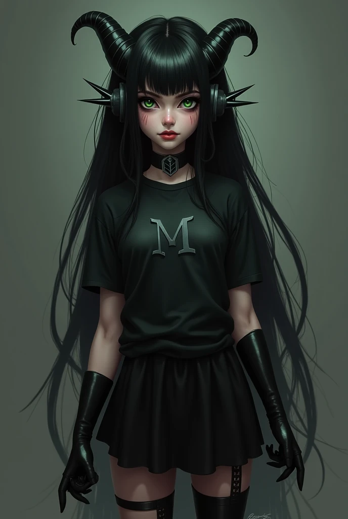 black haired girl,  with black horns , barbed earphones ,  a black shirt with the initial “M” ,  a short black skirt and ripped black tights,  black gloves and green eyes  