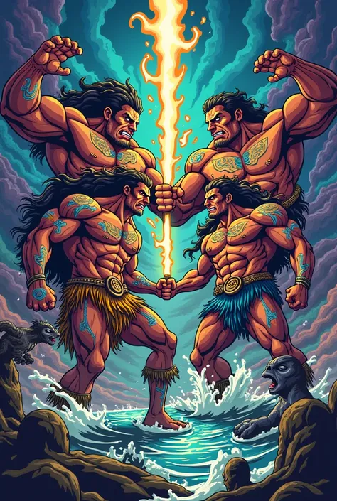  generates an image of a team of Titans from Polynesian legend is facing a war.  The style of the image must be in cartoon format , Psychedelic and Polynesian style super heroes .
