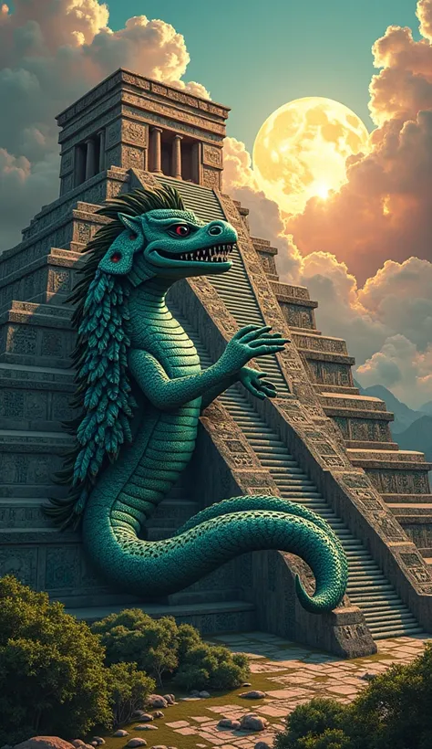 Feathered serpent Quetzalcoatl emerging from Pyramid of the Sun, turquoise mosaics and obsidian details, Mixtec codices art style with symbolic glyph borders, sacred geometry patterns in Teotihuacan colors, volumetric light beams through volcanic ash cloud...