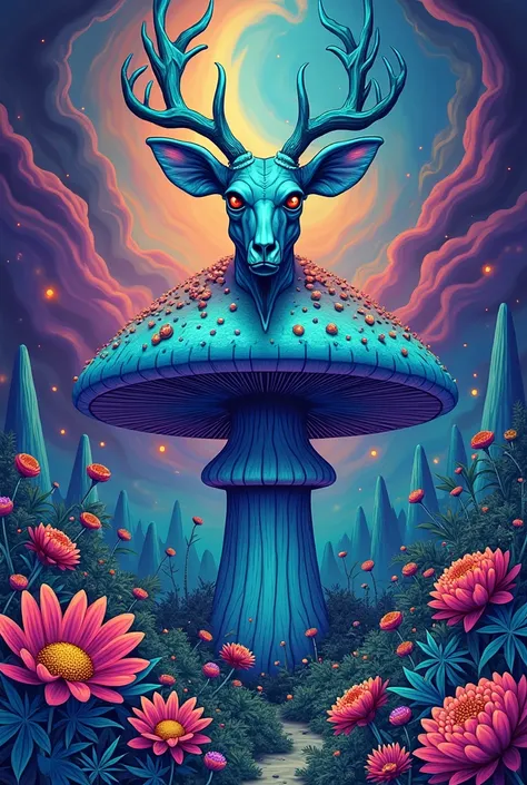 Skeletal face of a blue deer on top of a giant mushroom with psychedelic colors in the foreground surrounded by flowers and large flower buds illustrated with marijuana