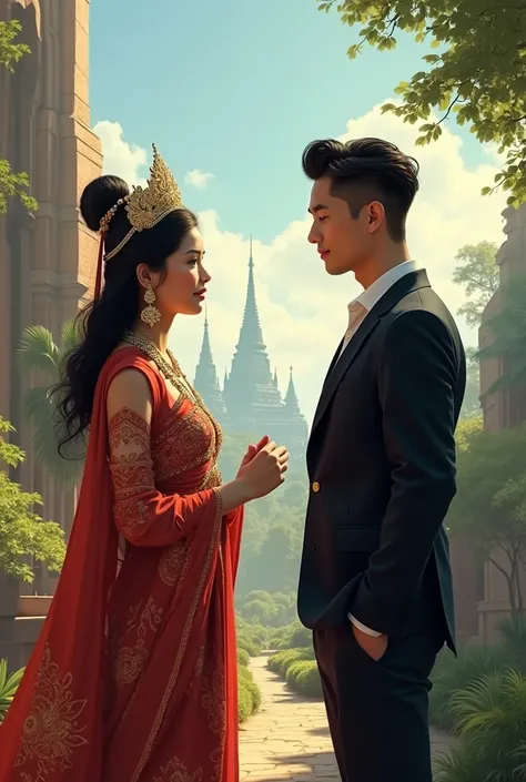 Khmer princess in Funan khmer empire area with handsome modern guy in suit background in modern time. 