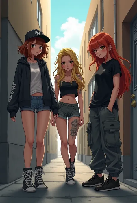 An image of three troublemaker girls in a alley.One is asian, wearing a hoodie, a cap, and shorts. One is blonde, wearing some slutty clothes with tattoos. And the other one, is ginger, wearing a loose black t-shirt, and baggy cargo pants. Make them in ani...